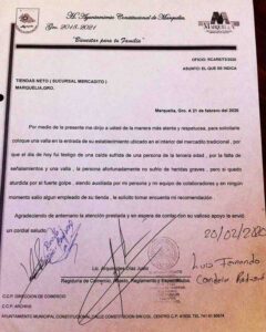 Marquelia El escrito que entregó a tienda Neto