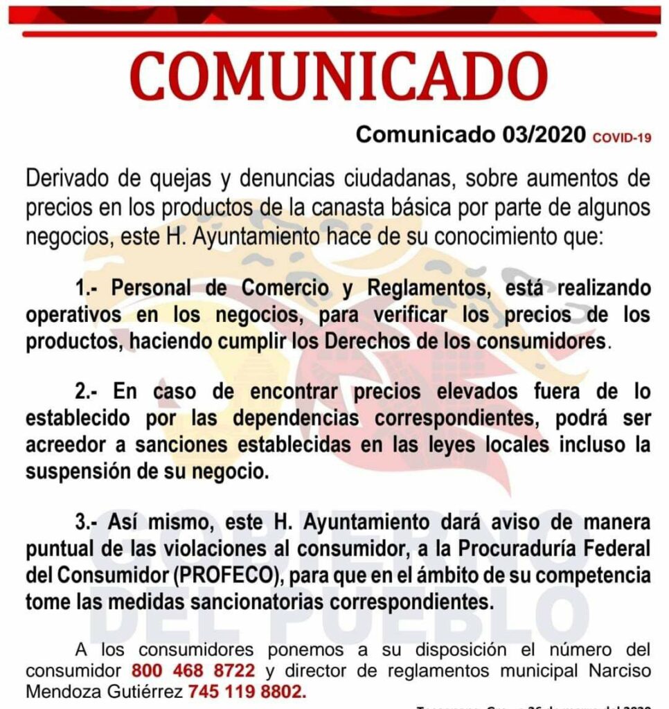 TECOANAPA Anuncio de supervisión al alza de precios