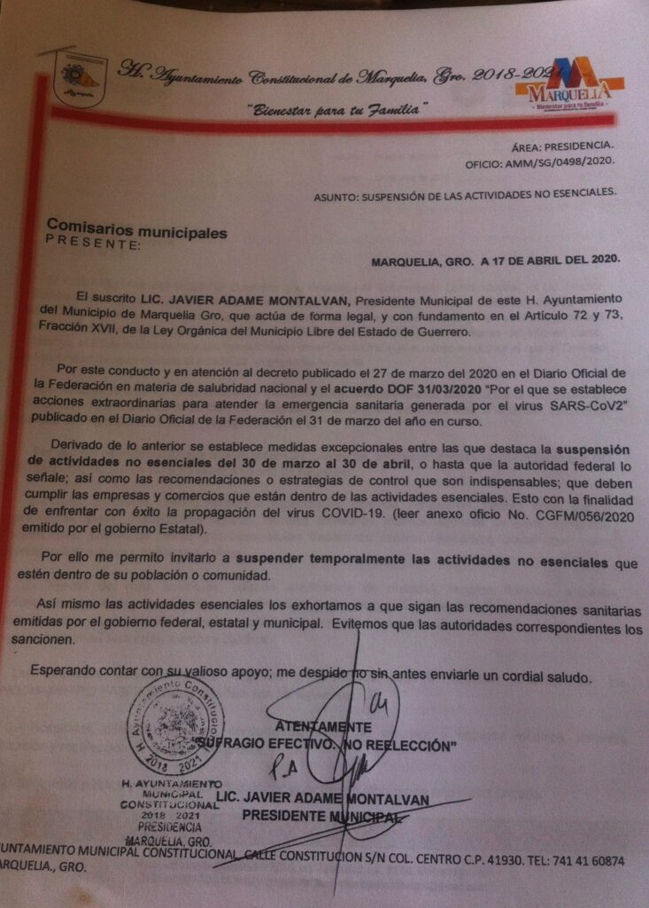 Marquelia El oficio que fue entregado a los comisarios