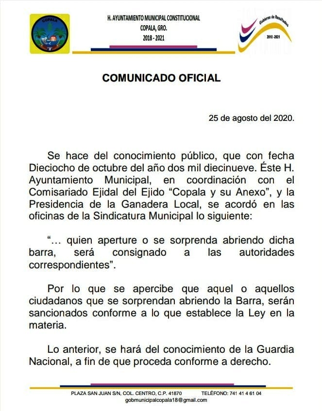 Cópala El documento que dio a conocer el ayuntamiento de Cópala