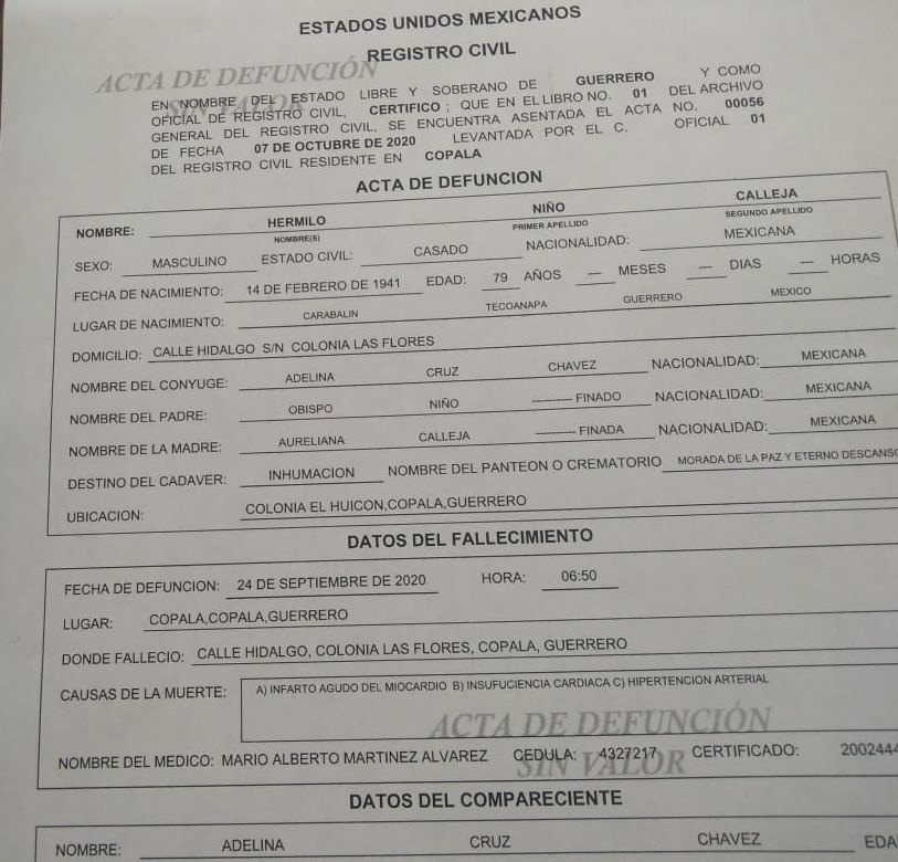 COPALA ACTA DE DEFUNCIÓN ADULTERADA