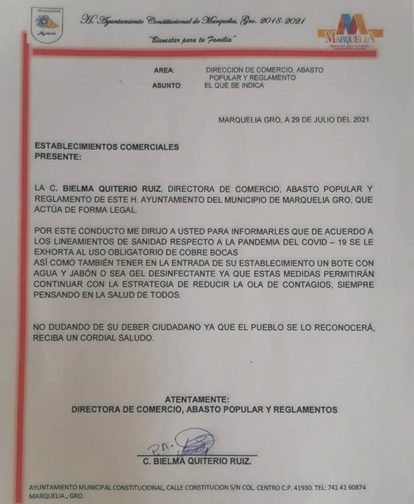 Marquelia Notificación a establecimientos