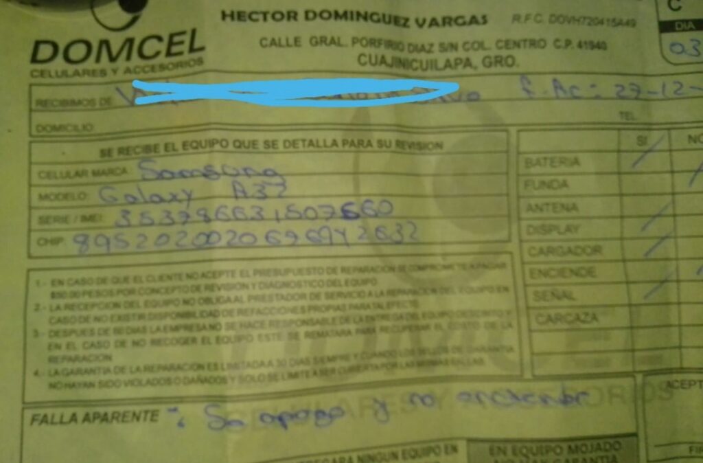 Marquelia Desde el 28 de diciembre el móvil se fue a garantía