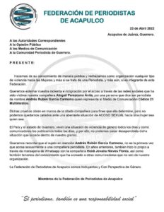 ROJA POSTURA POR PARTE DE LA FEDERACIÓN DE PERIODISTAS DE ACAPULCO