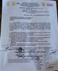 Marquelia Escrito enviado por la supervisión escolar