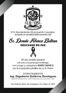 CUAUTEPEC Esquela del presidente Dagoberto Gutiérrez